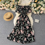 floral print Sexy ruffles Summer off shoulder chiffon long dress Party elastic waist Women casual beach holiday tunic