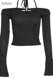 Halter Off The Shoulder Crop Top Y2k Fairy Grunge Shirts 2023 Fashion Sexy 2 Piece Set Long Sleeve Tees