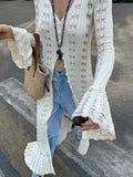 Attitude Babes Personality Style Long Design Knitted Cardigan Women's Hollow Hook Flower Solid Color High