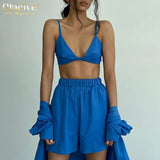 Fashion Bra + Long Sleeve Blouse 3 Piece Set Women Autumn Blue Cotton Shorts Set Casual High Waist Shorts Woman