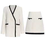TWOTWINSTYLE Colorblock Two Piece Sets For Female V Neck Long Sleeve Coat With High Waist Skirt Women's Casual Suits Fashion