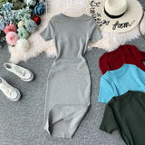 Solid-Color Temperament Round-Neck Knitted Tight Skirt Dress Bag Hip One-Step Skirt Dress Mid-Long
