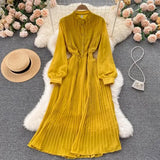Autumn Purple/Red/Yellow Pleated Dress Women Vintage Stand Collar Puff Sleeve High Waist Draped Vestidos Female Midi Robe
