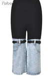 Fashion Women's Contrasting Color Patchwork Jeans Elastic Waist Strap Design Straight Denim Calf-Length Pants