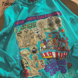 Hot Green Basketball Cartoon Print Sweatshirts O-neck Oversized Streetwear American Casual Goth Punk Fashion Teens