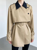 Loose Fit Khaki Color-block Big Size Jacket New Lapel Long Sleeve Women Coat Fashion Tide Spring Autumn 2023