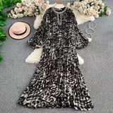 Elegant Dress Women Fashion Nail Drill Hollow Round Long Sleeves Loose Thin Leopard Embossed