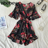 Women Rompers casual wide leg pants overalls short sleeve v neck solid playsuits summer beach chiffon ruffle