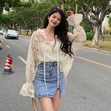 Mujer De Moda 2023 Women's Clothing See Throught Long Sleee Lace Blouses Tops Korean Fashion Hooded Sexy Y2k Shirts