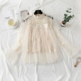 Women Tops Fashion Sexy Sheer Lace Blouse Lantern Sleeve 3D Floral Blouses Shirts Elegant Top Blusas