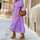 Retro Ethnic Print Dress New Spring Summer Half-sleeve Casual Dress Ladies Sexy V-neck Stitching Pleated Drape Maxi