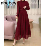 New Spring Summer Temperament half high collar long sleeve Dress high waist lace up waist mid-length A-line Pleated