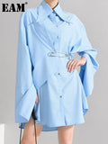 Women Blue Brief Big Size Pin Stitch Blouse New Lapel Long Sleeve Loose Fit Shirt Fashion Tide Spring Autumn 2023