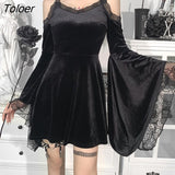 Flare Sleeve Black Dress Women Aesthetic Velvet Vintage Lace Autumn Dress Off Shoulder Elegant Party Dress