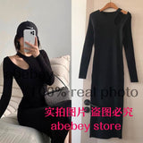 Sleeve Black Knit Dress Autumn winter Tight Cutout Sexy Slit Midi Dress 2000s Long Maxi Womens Dresses New Arrival