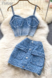 Women Summer Sexy Denim Set Strapless Sling Zipper Design Crop Top + Short Button Mini Shorts Skirt Jeans Two Piece