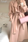 Women Elegant Long Sleeve Woolen Coats Female Simple Solid Winter Warm Overcoat With Belt Office Lady Korean