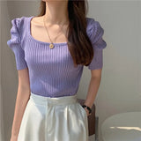 T Shirts Women Summer 2022 Solid Square Collar Short Puff Sleeve Female Tops Loose Casual Cotton Ladies