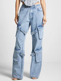 Toloer 2024 New Fashion Retro Multi-Pocket Design Sense Strap Jeans Women's Straight Tube Casual Versatile Pants-Outfit