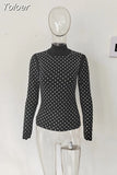 Fashion Women's T-Shirt Sexy Slim High Neck Long Sleeve Rhinestones Diamond Black Hollow Out Tops Autumn 2023 New