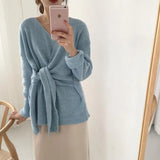 Korean Style Chic New Women Elegant V-Neck Bandage Long Sleeve Sweater Female Loose Casual Knitwear Female Fashion Knitted