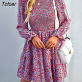Floral Print Dress Women Casual Puff Sleeve Ruffle Holiday Short Dress Casual Fashion Spring Autumn A-line Dresses