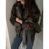 Vintage Pu Leather Oversized Zip Up Jacket-Outfit