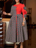 Women's New Fashion Elegant Round Neck Seven-Sleeve Print Spliced African