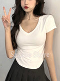 Short Sleeve Tshirt Women Summer 2022 Pure Color Slim Y2k Crop Tops Female Irregular Basic Tees Outwear Elegant