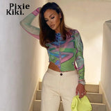 Trendy Printed Sheer Mesh Long Sleeve Crop Top Asymmetrical Contrast Stitch Womens Tshirts Sexy Graphic Tee