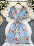 Summer Vintage Women Pleated Chiffon Dress Elegant Floral V-Neck Short Sleeve High Waist Draped A-Line Vestidos Female New