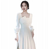 party dress gift Spring Autumn White Square Collar Puff Sleeve Ladies Dress 2022 New OL Style Long Sleeve High Waist Women Dresses For