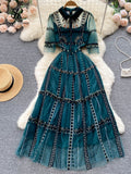 High Quality Embroidery Dress Summer 2022 Lapel Korean Style Vacation Long Dress Ladie Sweet Elegant Mesh Maxi
