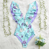New Print Swimwear Deep V-Neck Ruffle Swimsuit Push Up One Piece Swimsuit Beach Wear Backless