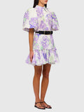 Casual Print Dresses For Women Lapel Puff Sleeve Gathered Waist Patchwork Belt Ruffles Temperament Mini Dress Female