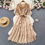 Women Dress Embroidary Solid Summer 2022 Hollow Out V Neck Ruffled Sashes Adjustable Waist Ladies Long A Line