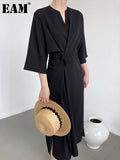 Women Black Buckle Long Elegant Dress New Round Neck Three-quarter Sleeve Loose Fit Fashion Spring Autumn 2023