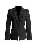 Toloer Temperament Casual Small Suit Female 2024 Spring New Fashion V Collar Long Sleeve Design Feeling Small Black Coat-Outfit