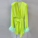 TWOTWINSTYLE Patchwork Feathers Dress For Women V Neck Long Sleeve High Waist Ruched Irregular Hem Mini Dresses Female
