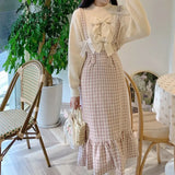 Kawaii Woolen Pink Plaid Mermaid Skirt Women Autumn Japanese Sweet Elegant High Waist Slim Strap Long Skirts Soft