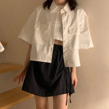 Women Solid Cropped Pockets Short Sleeve Preppy Cute Sweet Japan Style Simple Popular All-match Mujer Leiusre Fashion