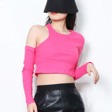 Casual Skinny Cut Out T Shirt For Women Round Neck Long Sleeve Solid Knitting T Shirts Female Summer Clothing