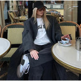Grey Stripes Trench Long Coat-Outfit