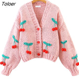 Bohemian Women Cardigan Tops three-dimensional Pattern Hand knitted Sweater V-Neck Puff Sleeve Loose Winter Sweaters