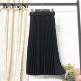 Korean Style Pleated Midi Skirt Women Casual New Fashion High Elastic Waist Skirts Black Pink Elegant Skirt Belt