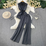 Gray West Assembly V-Neck Double Buckle Vest Sleeveless Waist Blouse + High Waist-High-Scretch Broad-Legged Trousers