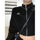 Grunge Zip Up Hoodie Streetwear Women Korean Fashion Casual Slim Sweatshirts Striped Black Long Sleeve Cropped