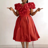 Round Collar Three-Dimensional Decorative Folds Skirt Styling Party Party High Waist Dress