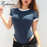 Rockmore Skinny Elegant Bodycon Bodysuit Women Casual Ladies Bodysuit Blue Short Sleeve O Neck Romper Jumpsuit Office