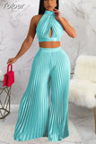Spring Summer Two Piece Pant Suits Sexy Off The Shoulder Backless Crop Top and High Waist Pleated Wide Leg Long Trouser